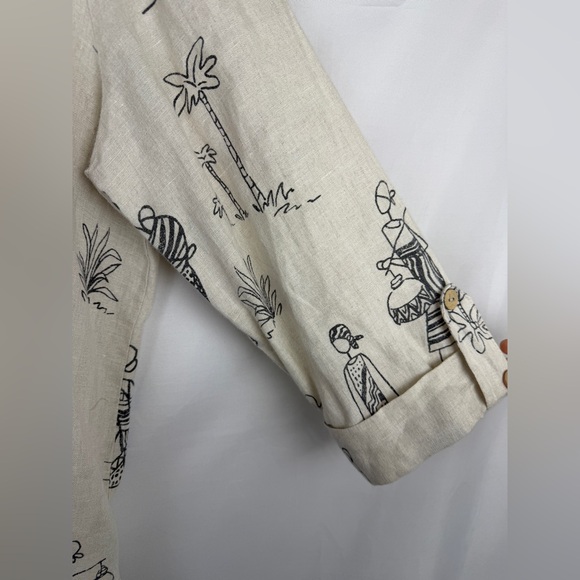 Hot Cotton by Marc Ware 100% Linen Shirt Women's Artsy Tribal Line Art L - Picture 3 of 6